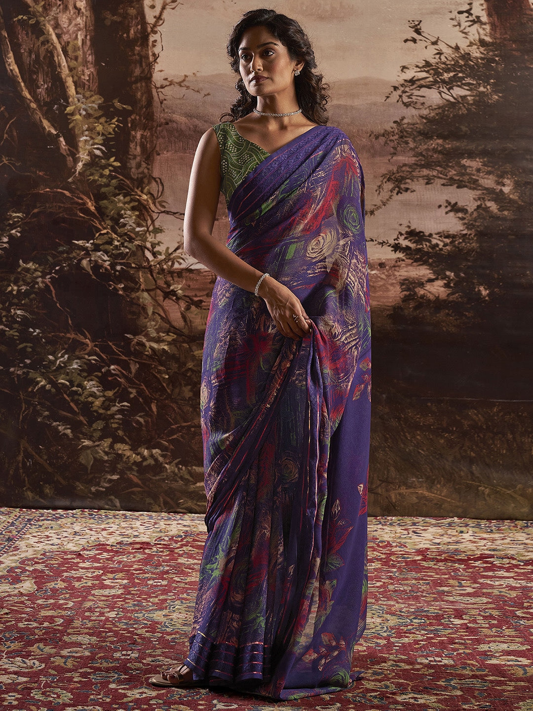 Buy MySilkLove Martinique Blue Georgette Chiffon Saree With Embroidery Blouse Online