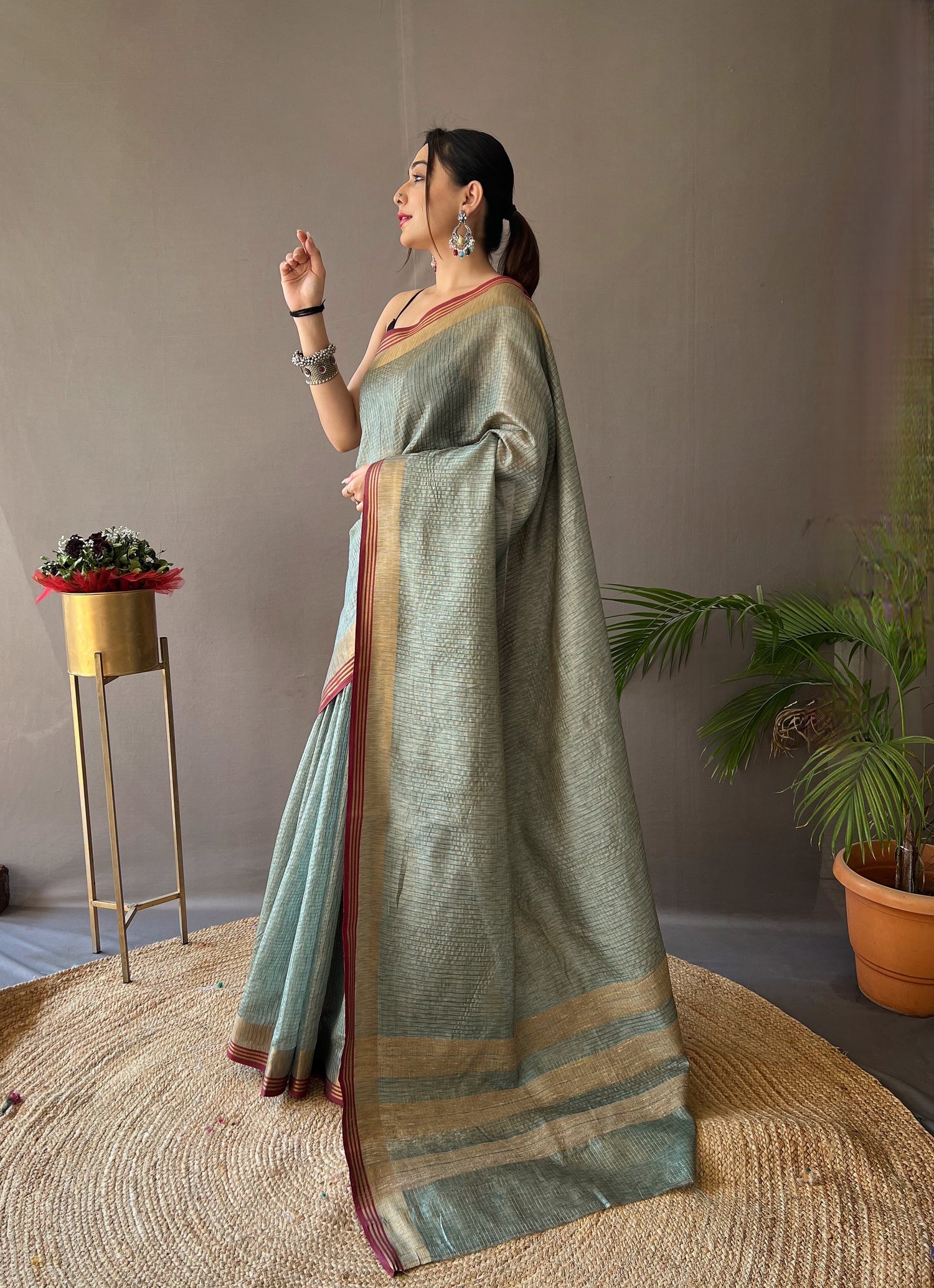 Buy MySilkLove Camouflage Green Organza Woven Saree Online