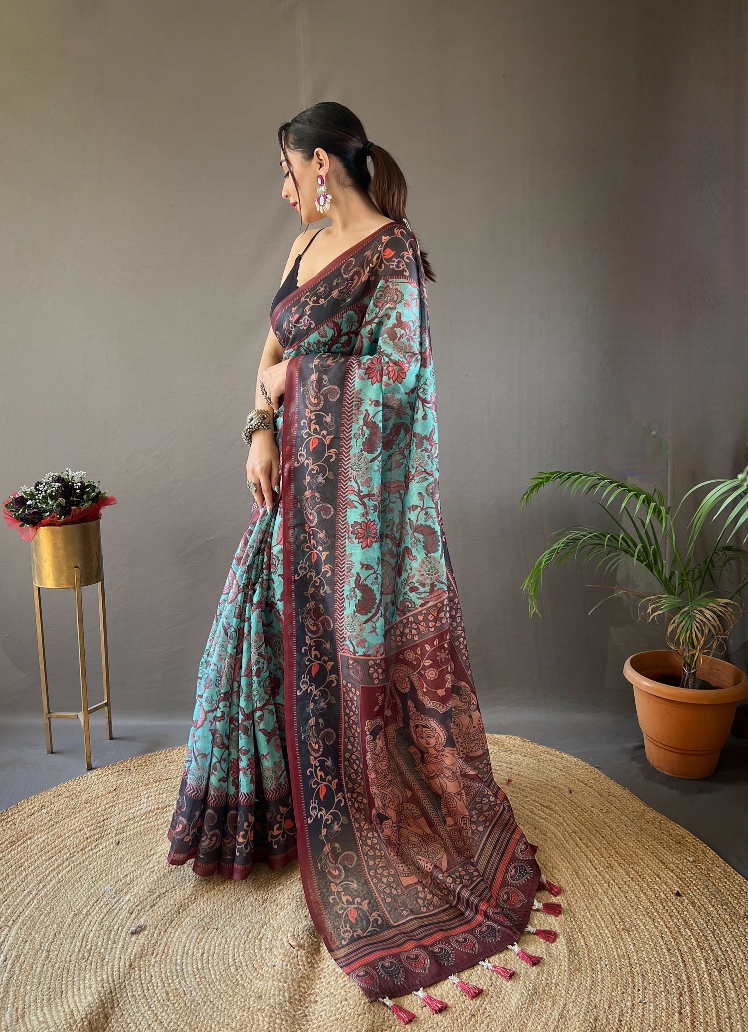 Buy MySilkLove Spray Blue Printed Cotton Kalamkari Saree Online