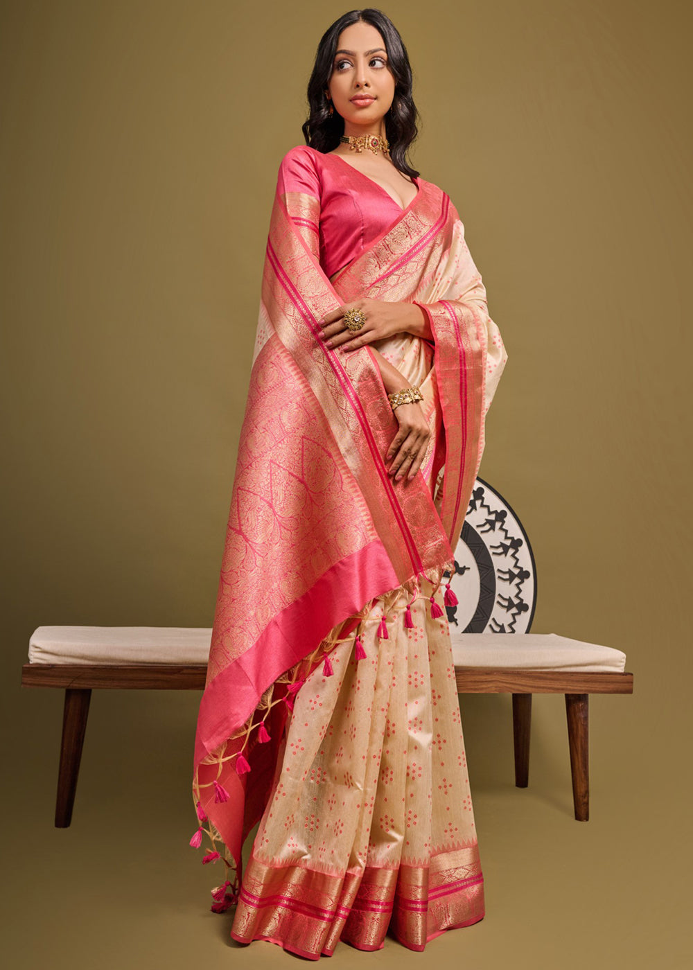 MySilkLove Romantic Cream and Pink Woven Banarasi Soft Silk Saree