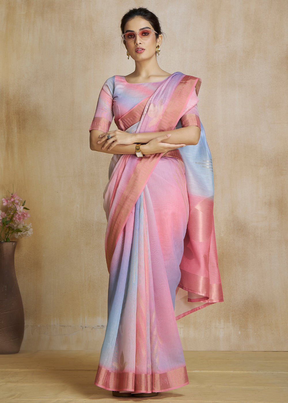 MySilkLove Shilo Pink Tissue Woven Soft Silk Saree