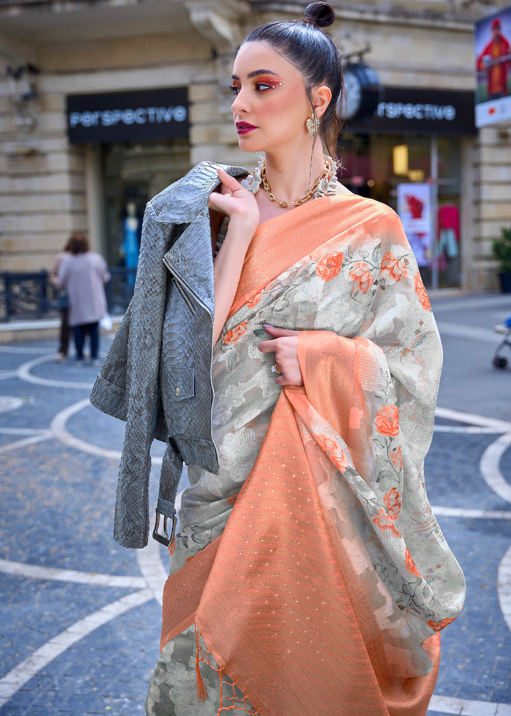 MySilkLove Navajo White and Orange Handloom Poly Brasso Saree