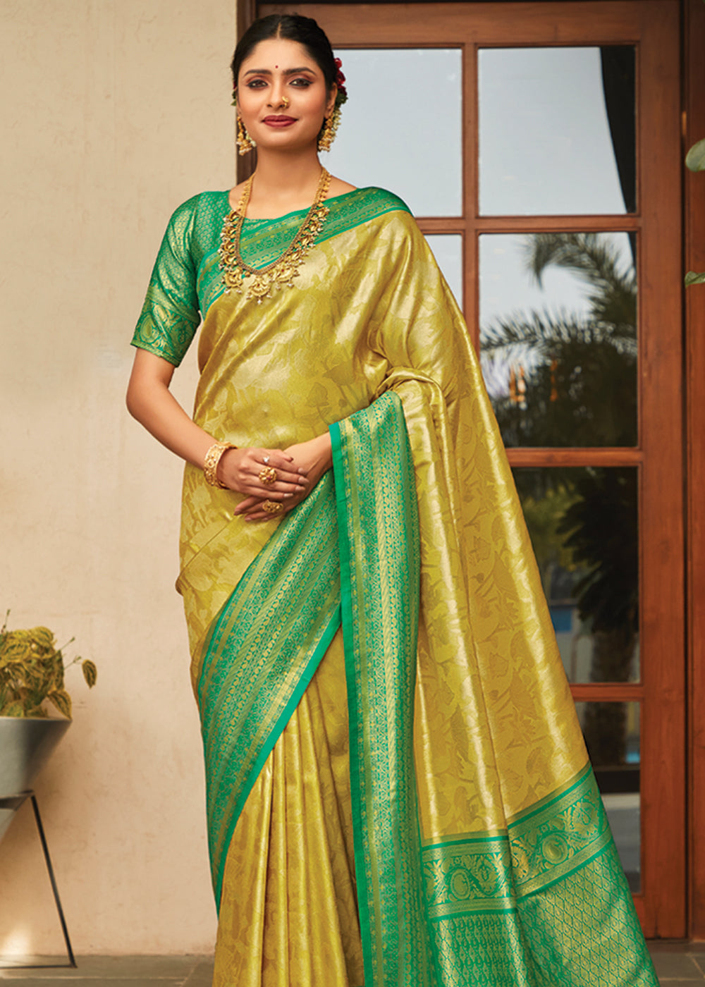 Buy MySilkLove Cream Can Yellow Woven Kanjivaram Saree Online