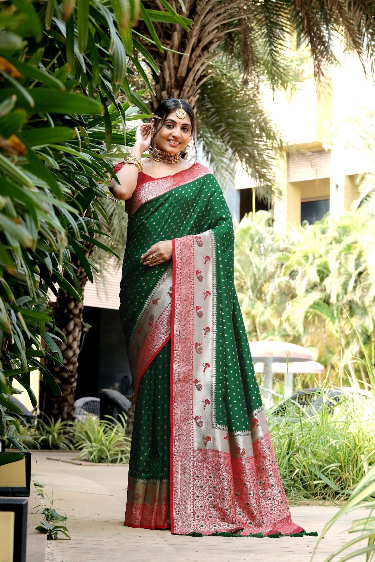 Buy MySilkLove Forest Green and Red Banarasi Paithani Silk Saree Online