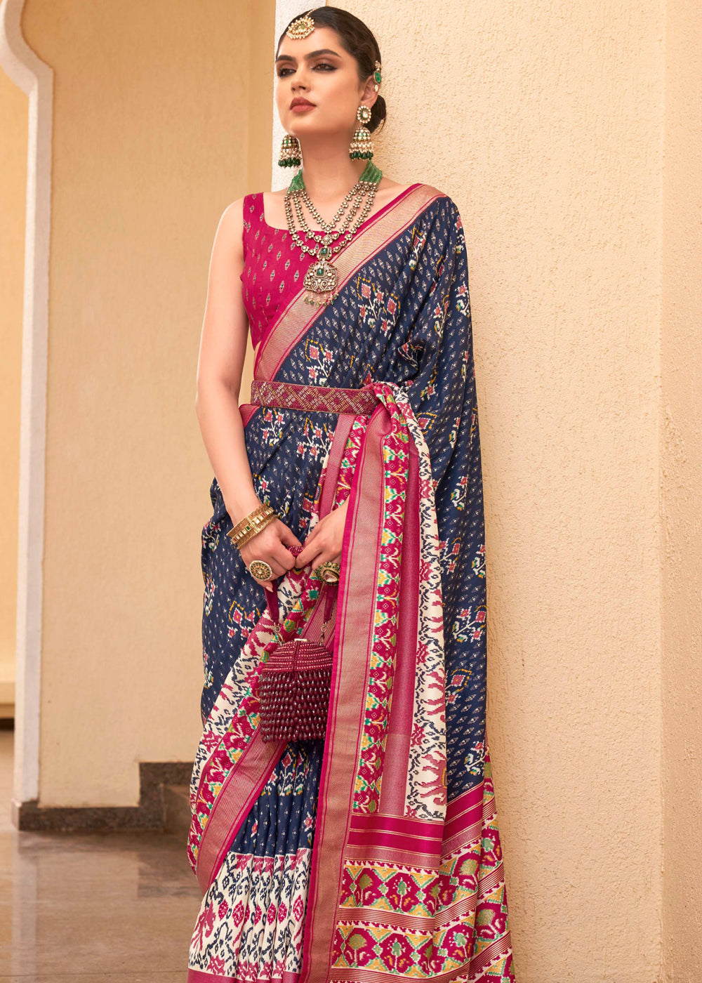 Buy MySilkLove Catalina Blue and Maroon Printed Patola Soft Silk Saree Online