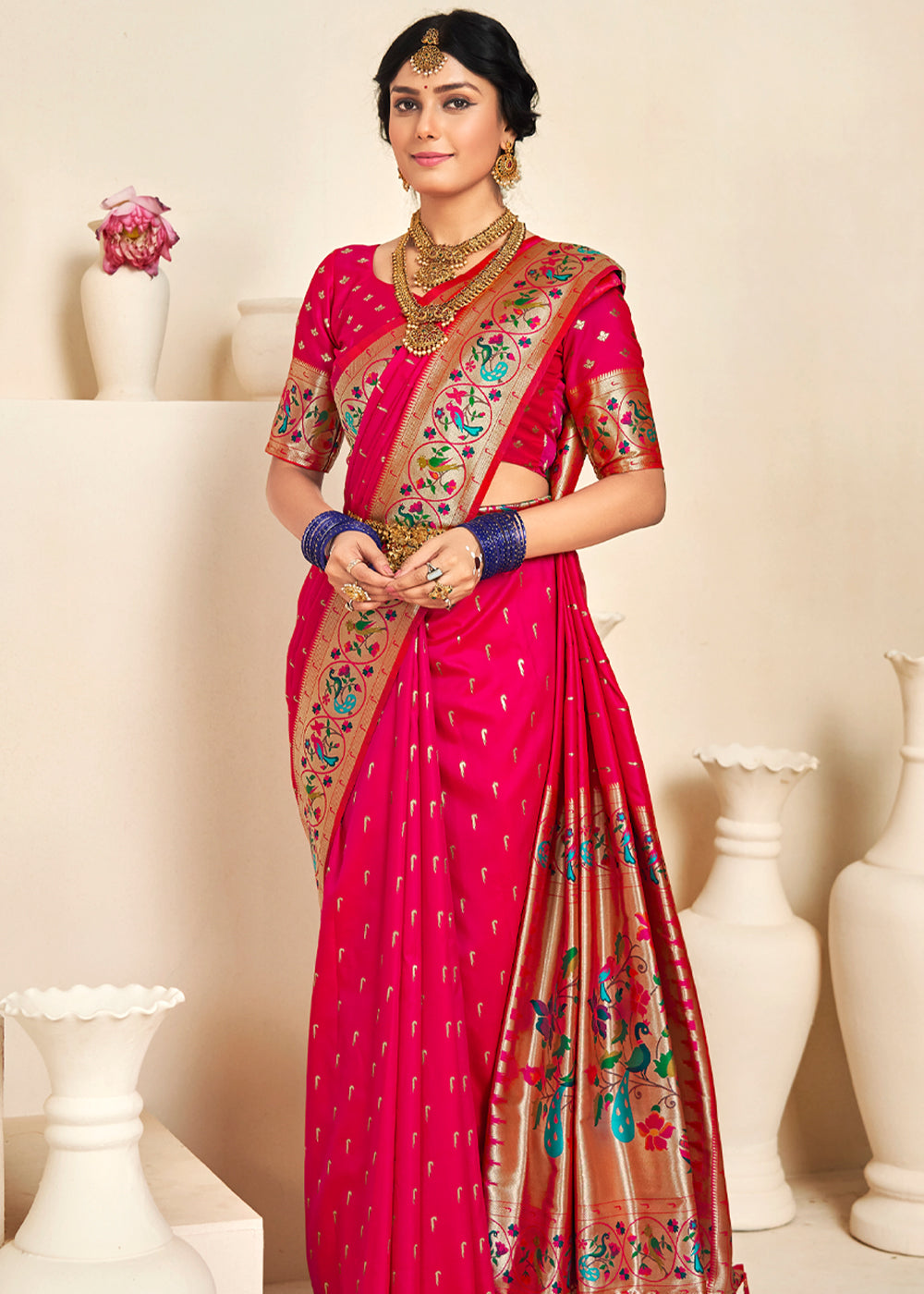 Buy MySilkLove Winter Sky Pink Woven Paithani Silk Saree Online