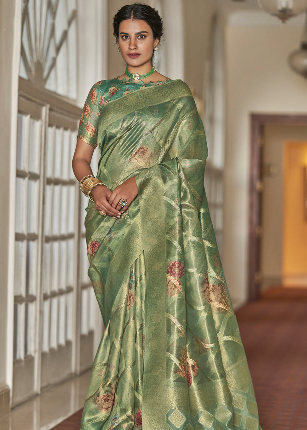 Buy MySilkLove Avocado Green Woven Banarasi Tissue Organza Silk Sare Online