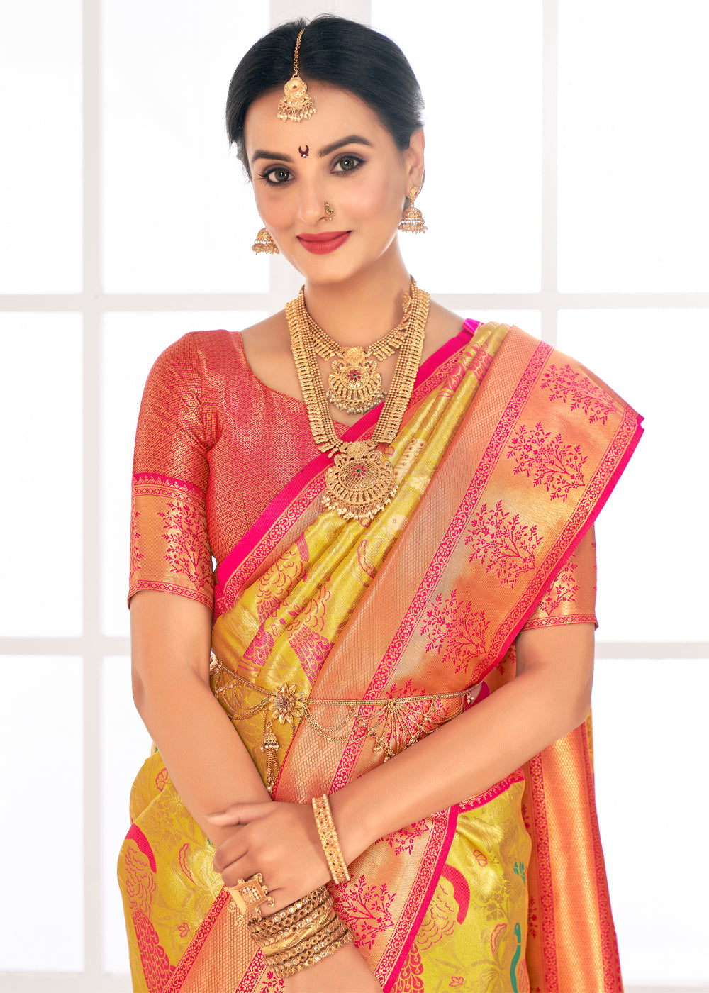 Buy MySilkLove Confetti Yellow Woven Paithani Fusion Kanjivaram Silk Saree Online