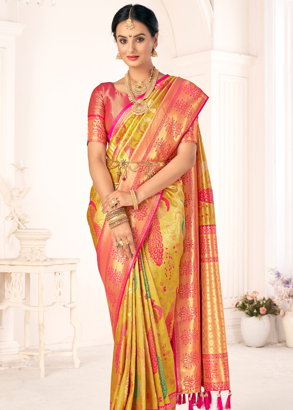 Buy MySilkLove Confetti Yellow Woven Paithani Fusion Kanjivaram Silk Saree Online