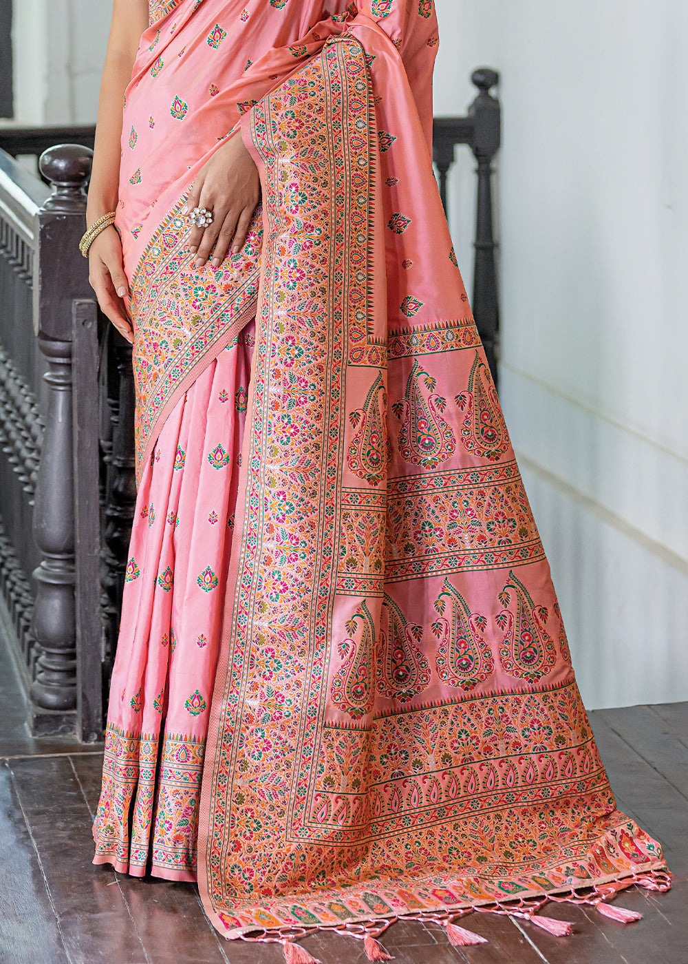 Buy MySilkLove Shimmer Peach Kashmiri Handloom Woven Silk Saree Online