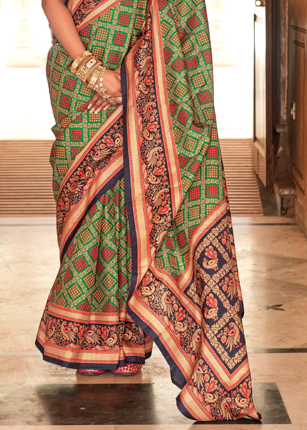 Buy MySilkLove Hippie Green Printed Soft Silk Saree Online