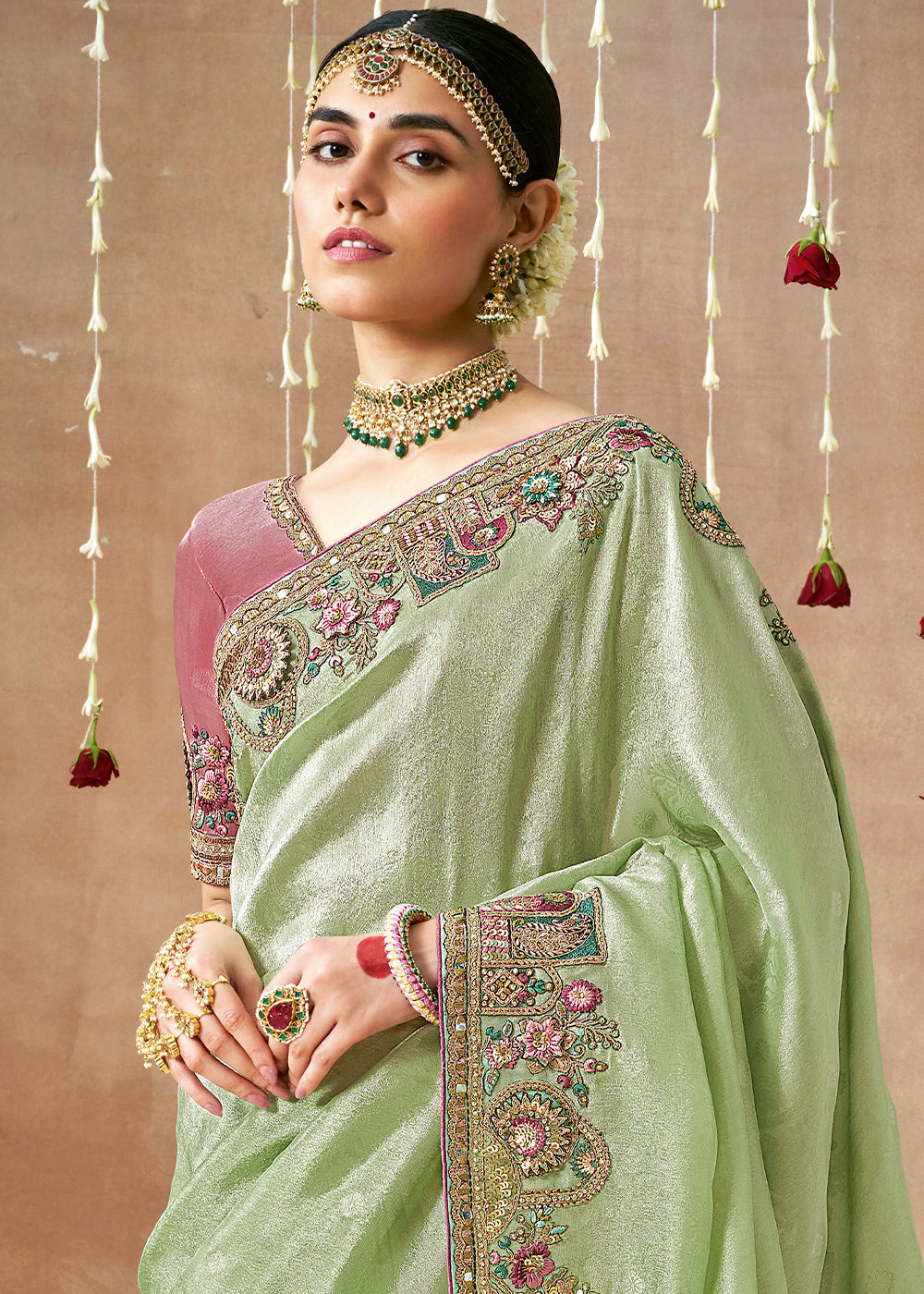 Buy MySilkLove Tea Green  Zari Woven Embroidery Designer Tissue Dola Silk Saree Online