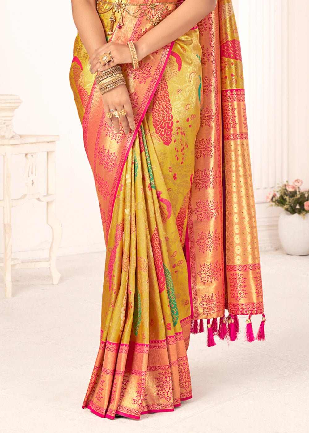 Buy MySilkLove Confetti Yellow Woven Paithani Fusion Kanjivaram Silk Saree Online