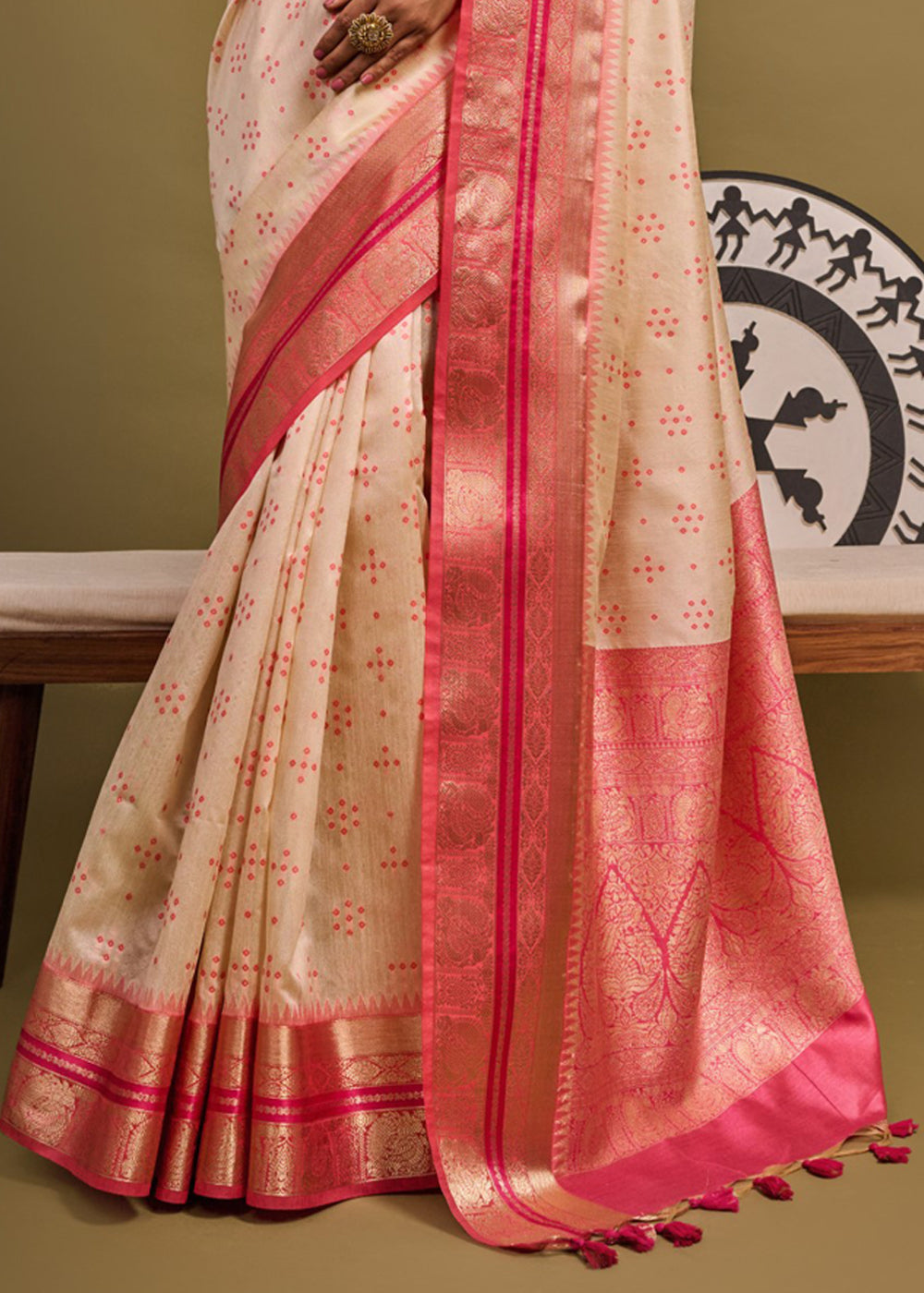 Buy MySilkLove Romantic Cream and Pink Woven Banarasi Soft Silk Saree Online