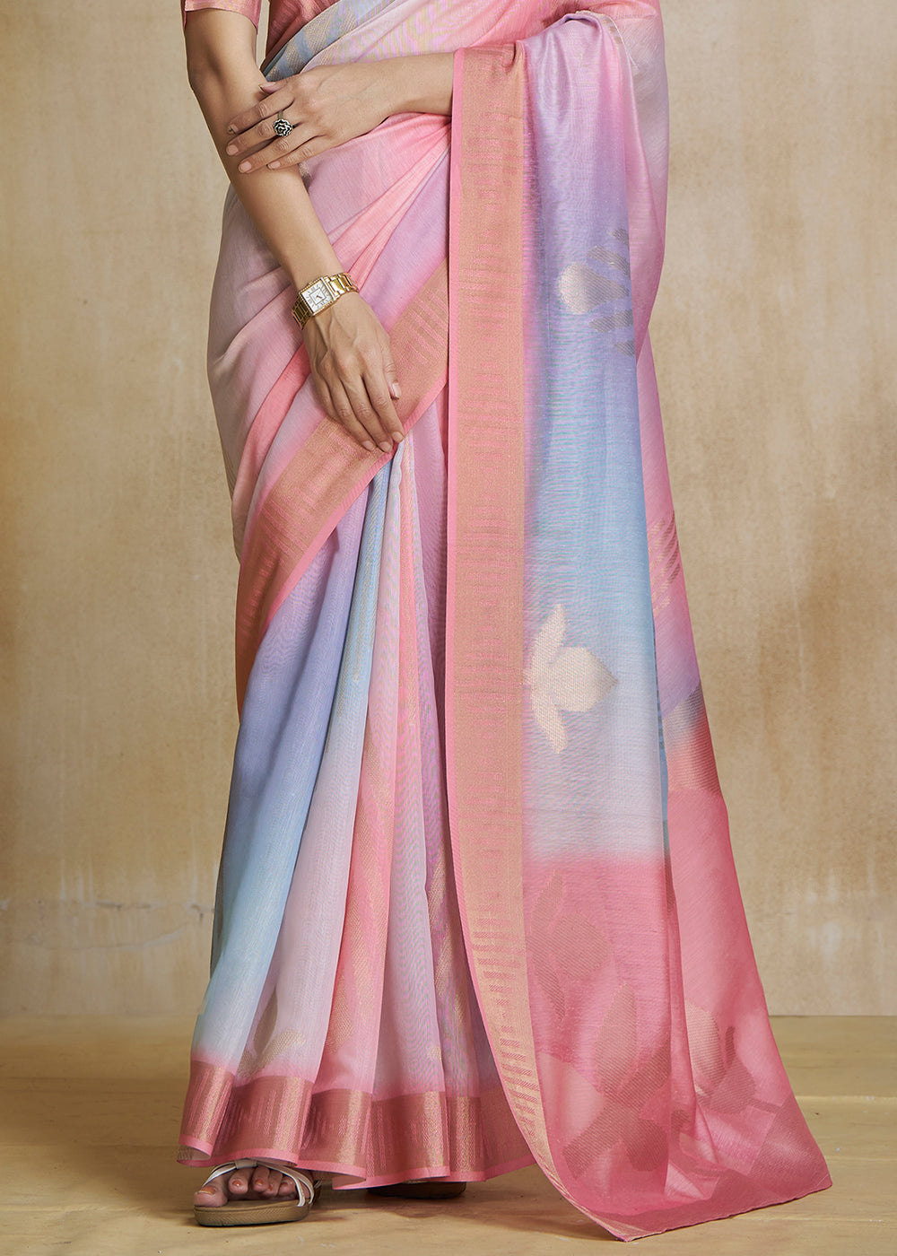 Buy MySilkLove Shilo Pink Tissue Woven Soft Silk Saree Online