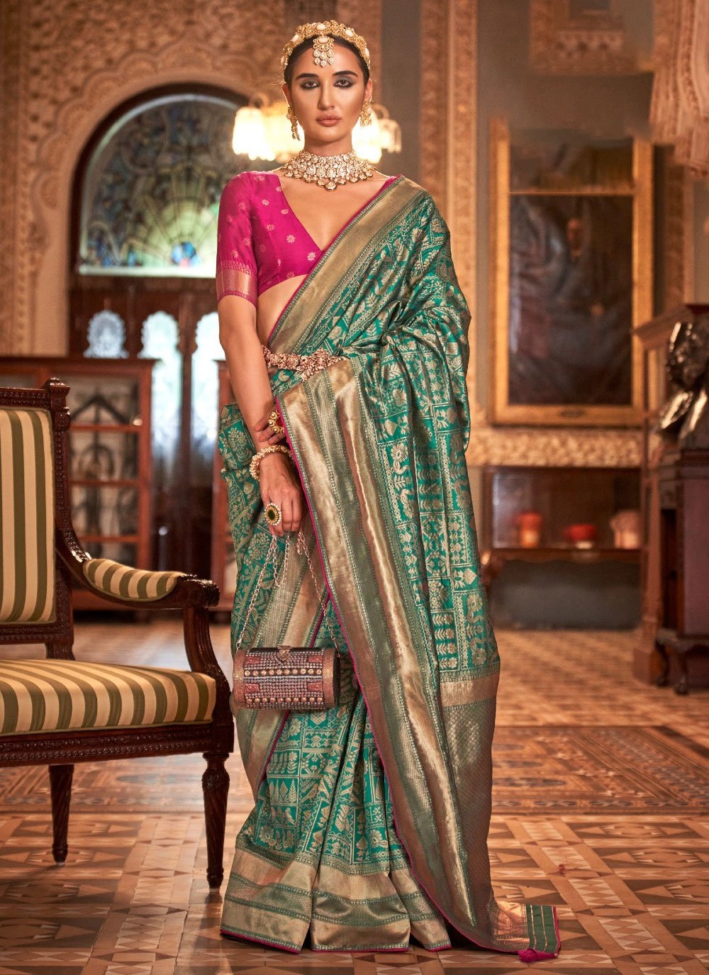 Buy MySilkLove Monsoon Green Woven Patola Silk Saree Online