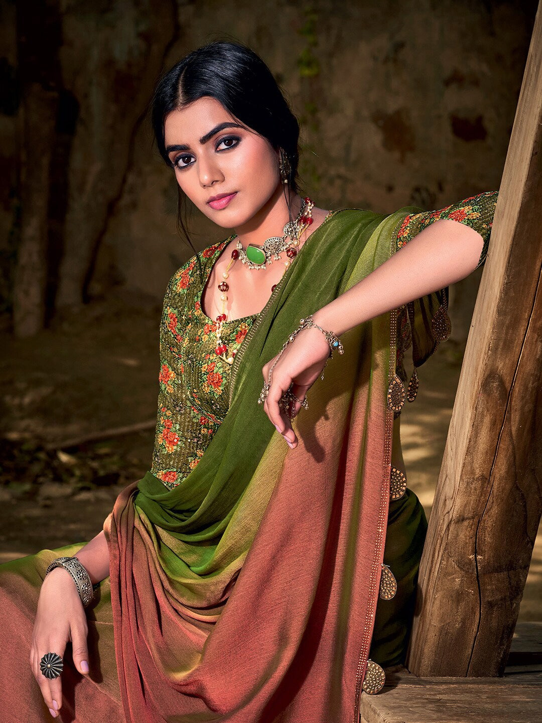 MySilkLove Woodland Green and Brown Chiffon Saree With Printed Blouse