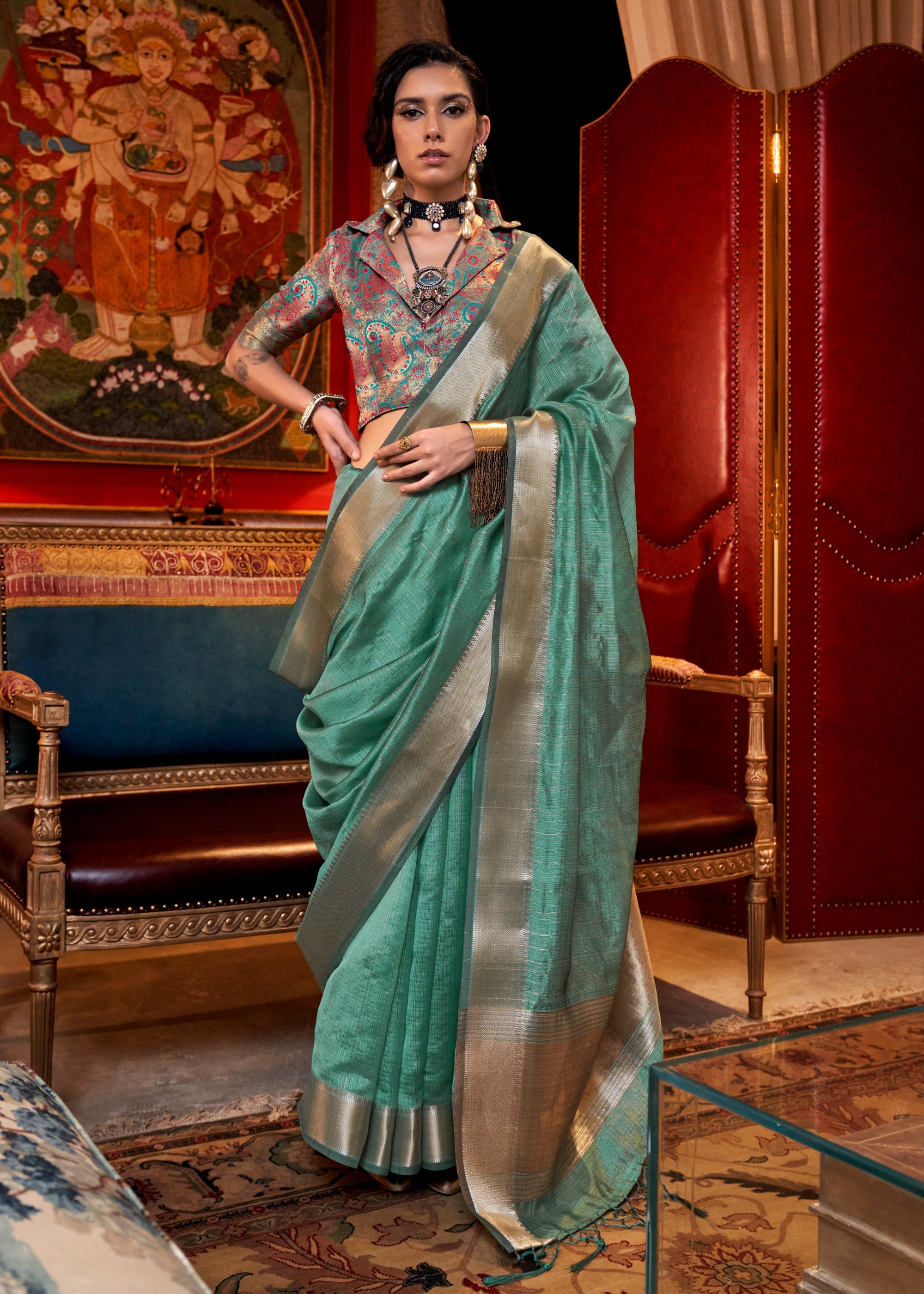 Buy MySilkLove Fern Green Chiffon Silk Saree Online