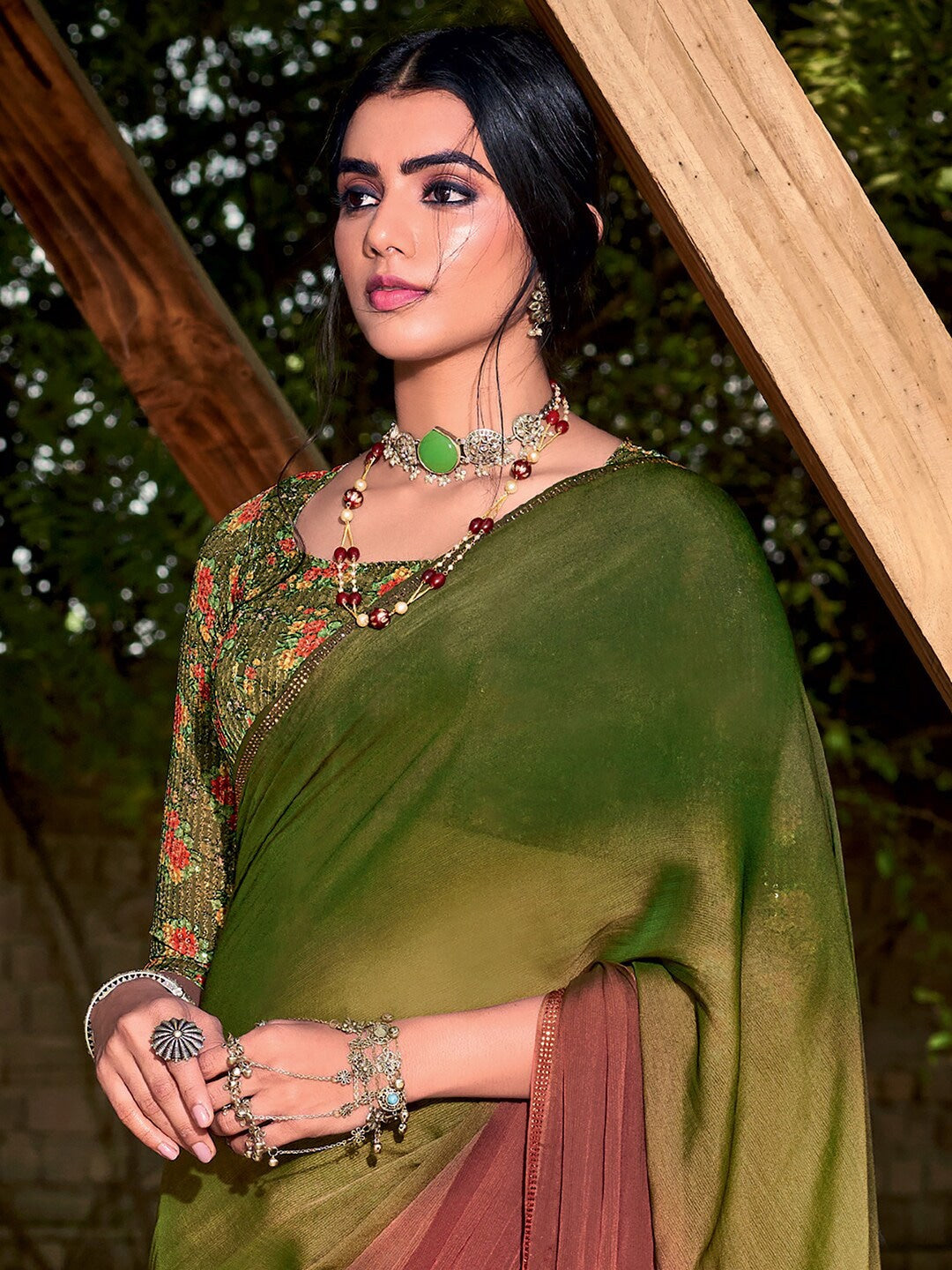Buy MySilkLove Woodland Green and Brown Chiffon Saree With Printed Blouse Online