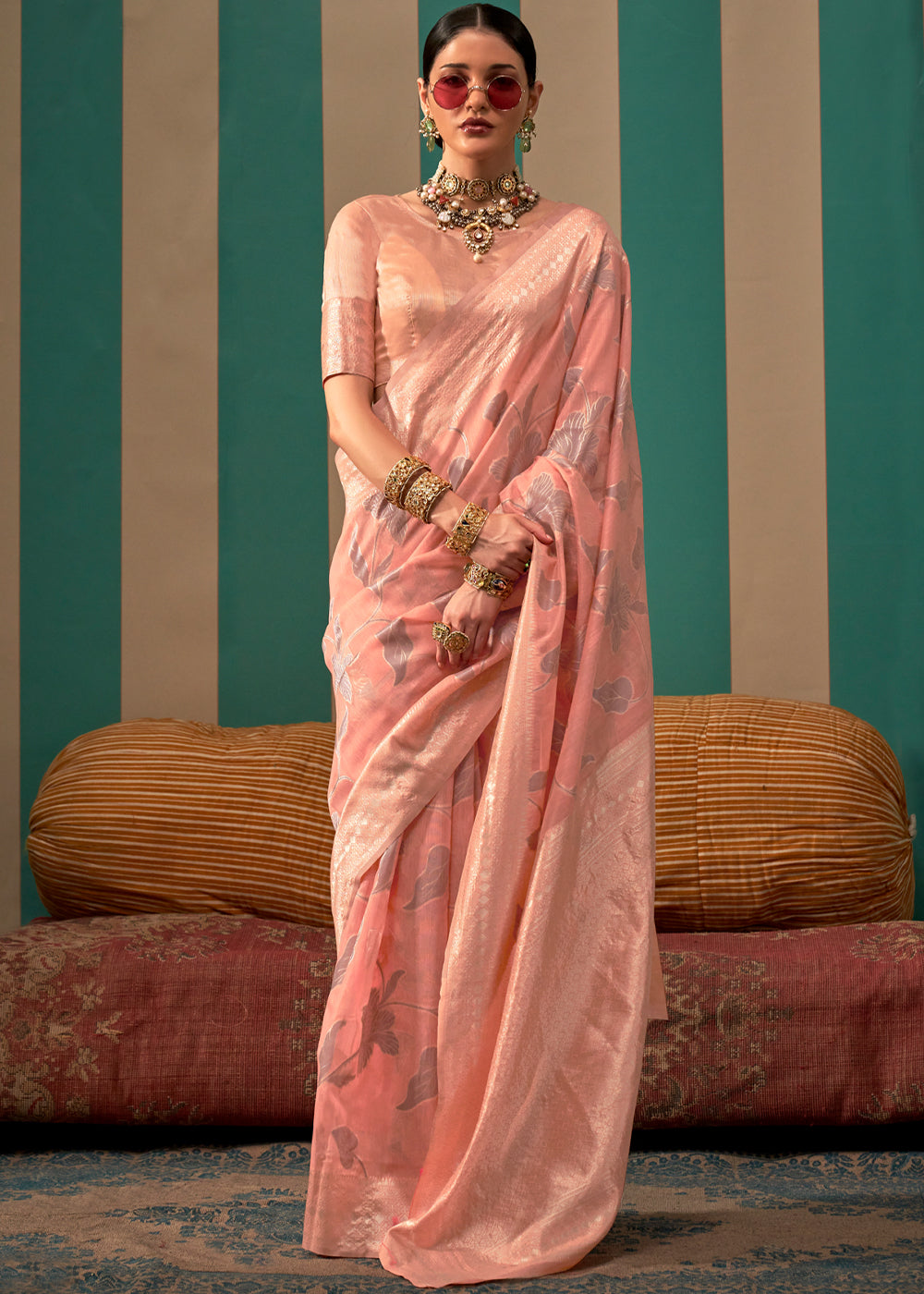 Buy MySilkLove Tonys Peach Woven Banarasi Linen Saree Online