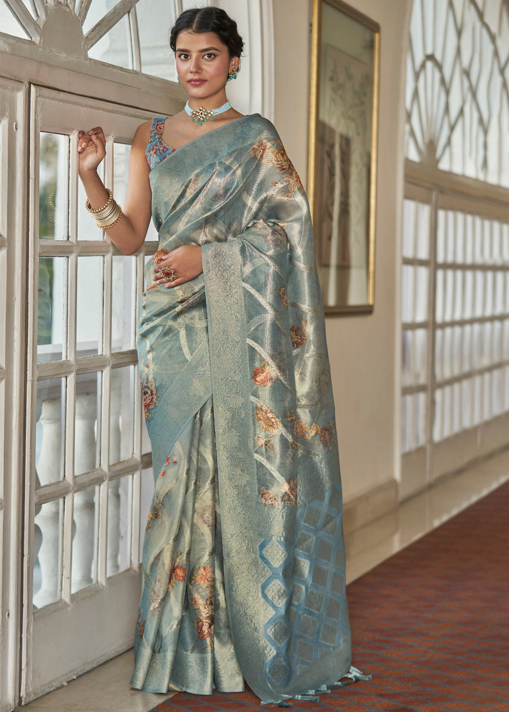 Buy MySilkLove Mantle Green Woven Banarasi Tissue Organza Silk Sare Online