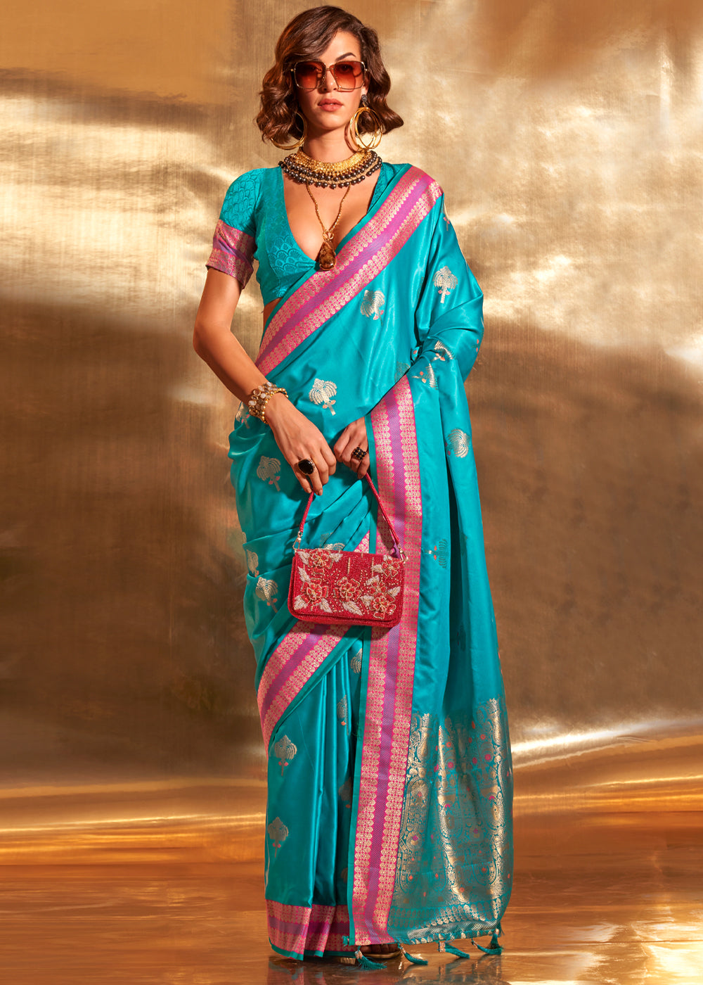 Buy MySilkLove Malibu Blue Woven Banarasi Satin Silk Saree Online