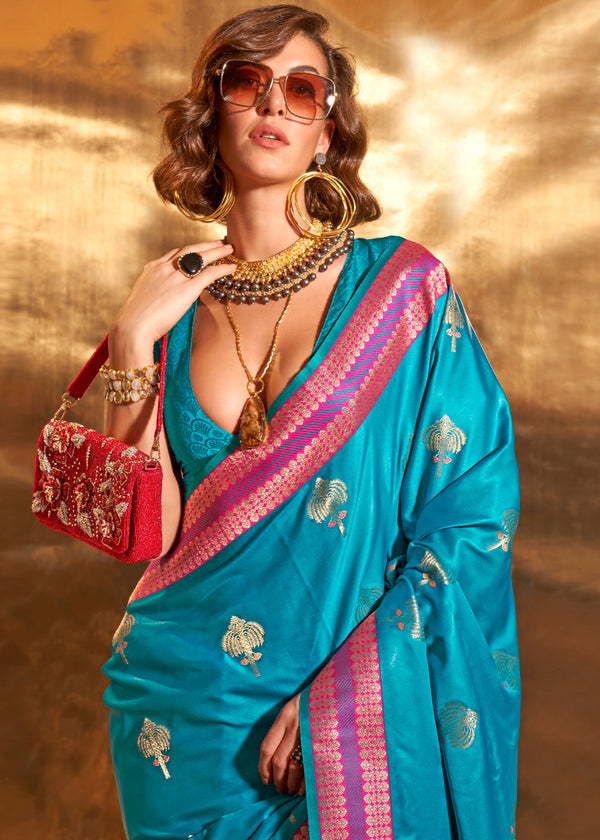 Malibu Blue Woven Banarasi Satin Silk Saree