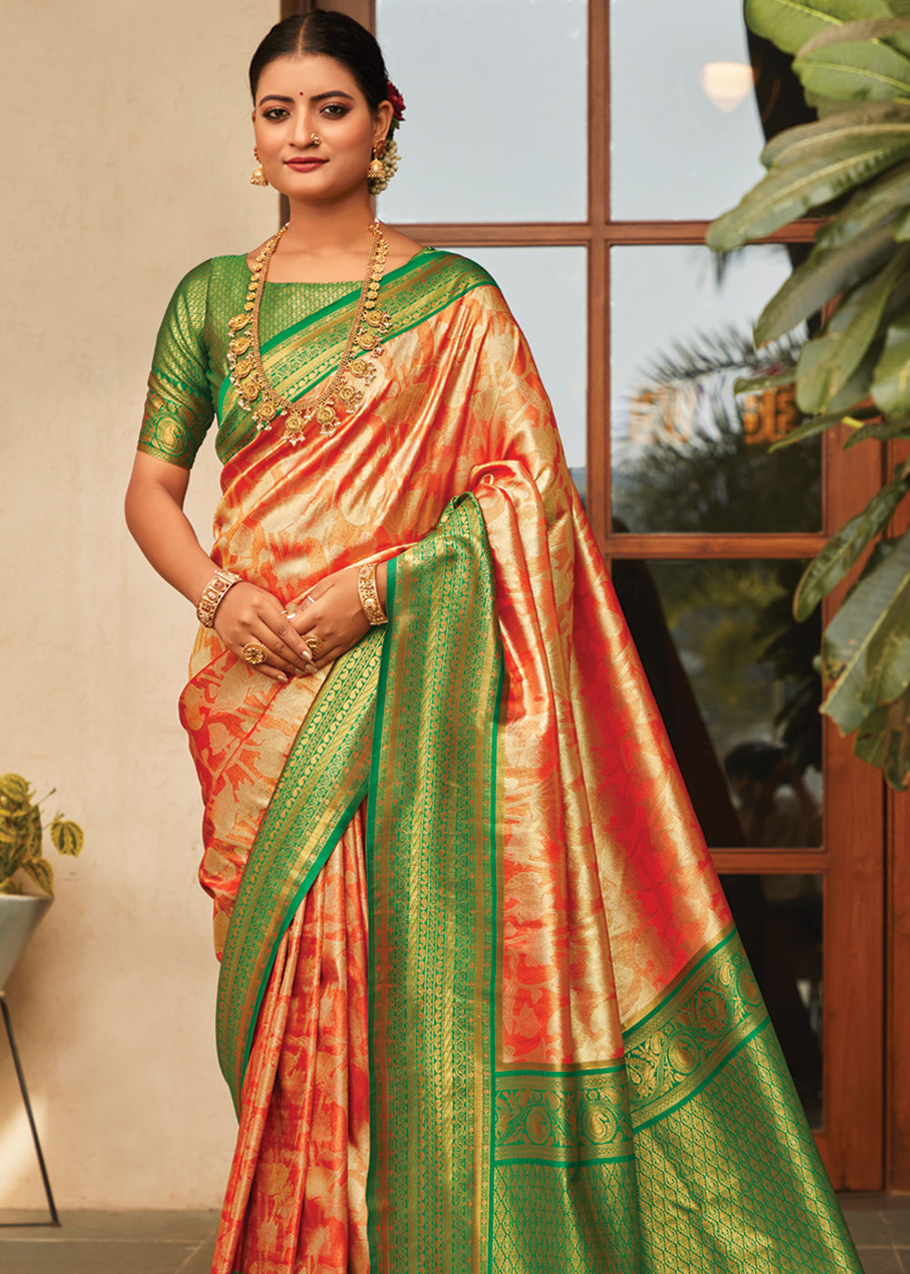 Buy MySilkLove Mandarin Pearl Orange Woven Kanjivaram Saree Online