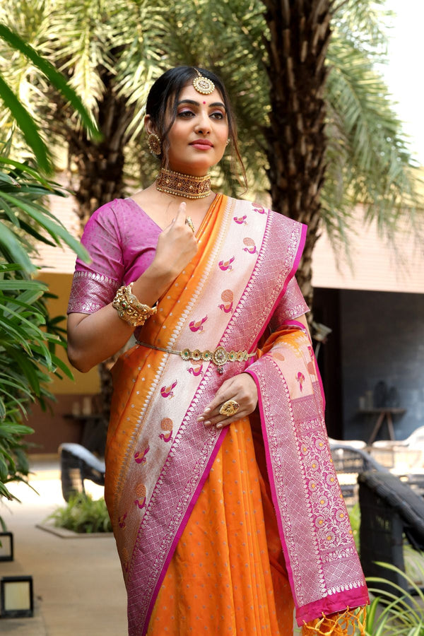 Mango Orange and Pink Banarasi Paithani Silk Saree