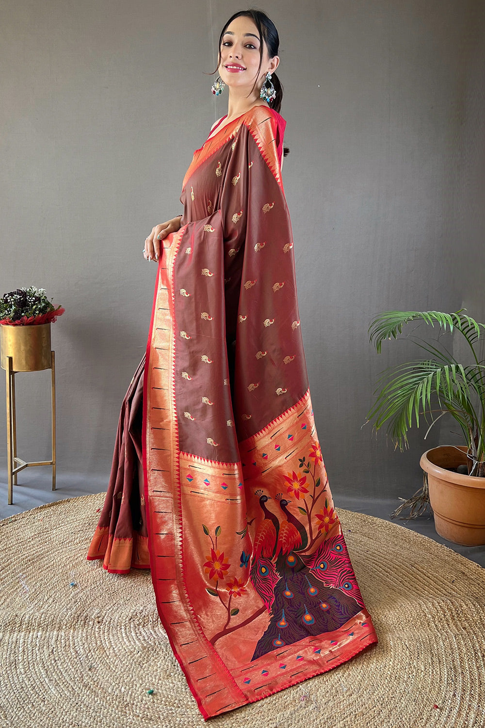 Buy MySilkLove Nespresso Brown Zari Woven Paithani Saree Online