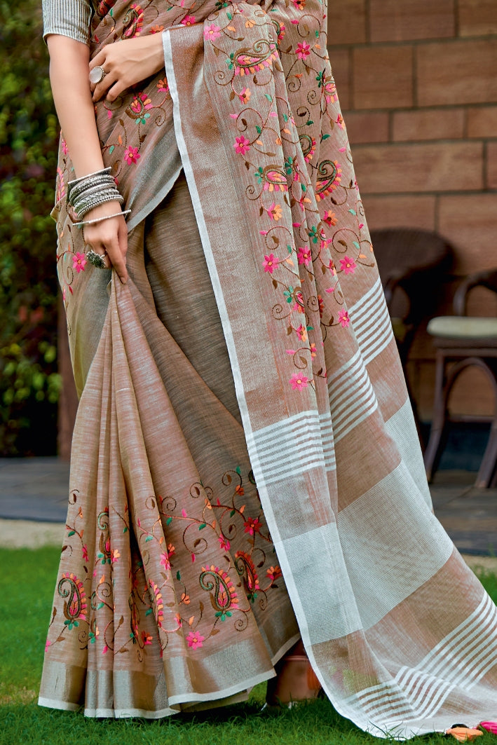 Buy MySilkLove Leather Brown Handcrafted Linen Saree Online