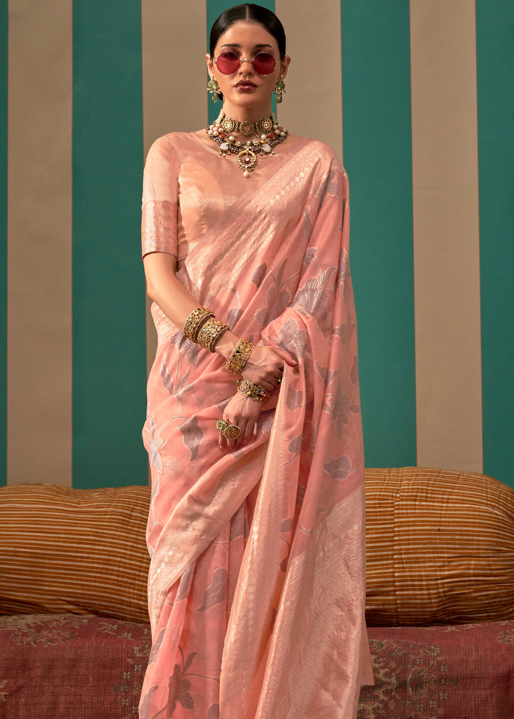 Buy MySilkLove Tonys Peach Woven Banarasi Linen Saree Online