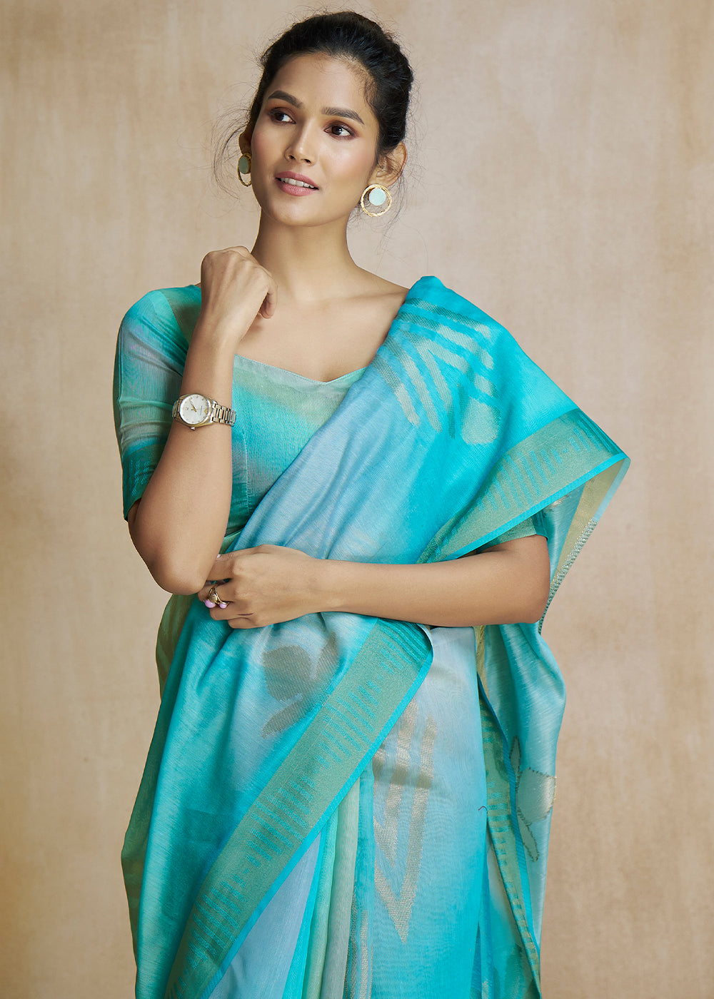 Buy MySilkLove Water Blue Tissue Woven Soft Silk Saree Online