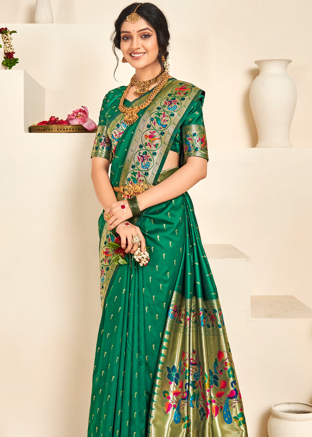 Buy MySilkLove Christmas Tree Green Woven Paithani Silk Saree Online