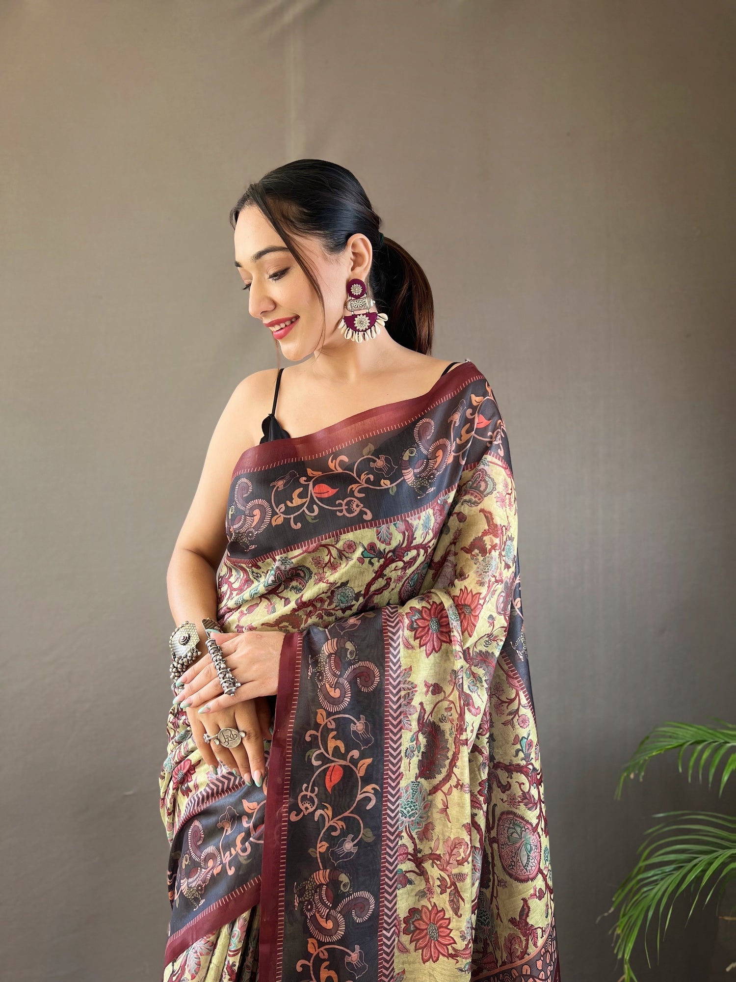 Buy MySilkLove Yuma Yellow Printed Cotton Kalamkari Saree Online