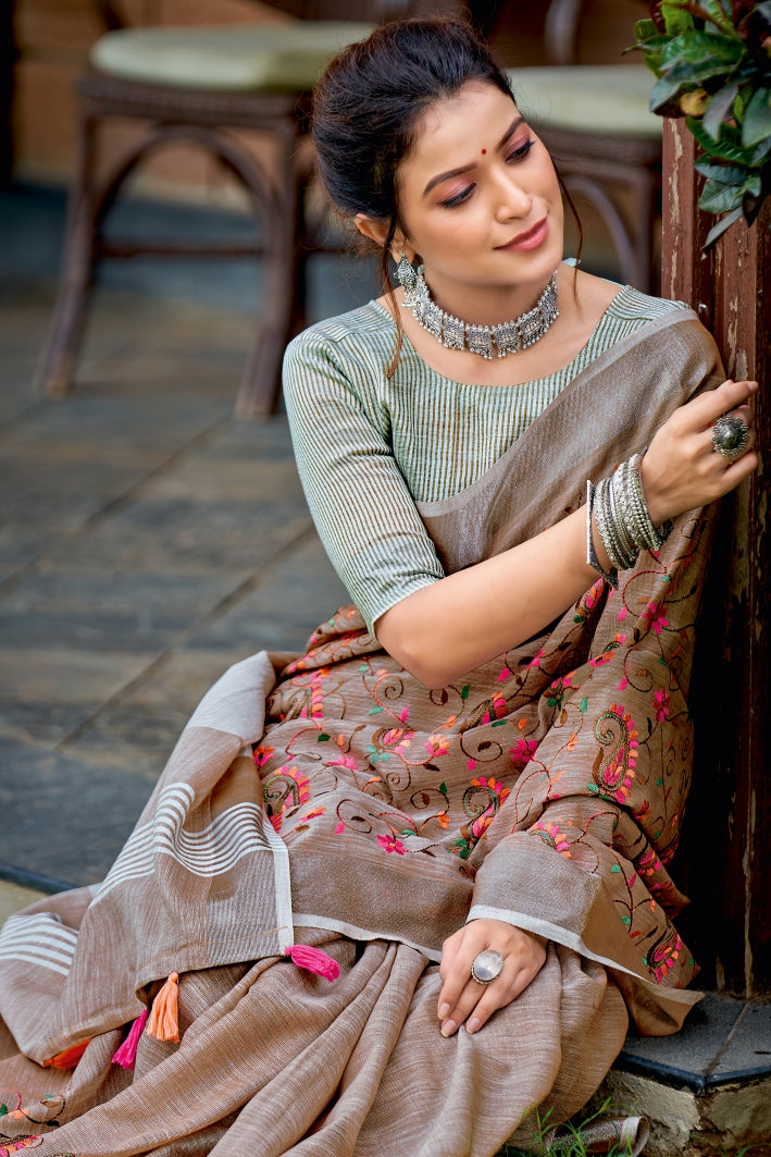 MySilkLove Leather Brown Handcrafted Linen Saree