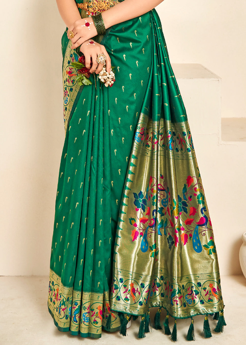 Buy MySilkLove Christmas Tree Green Woven Paithani Silk Saree Online