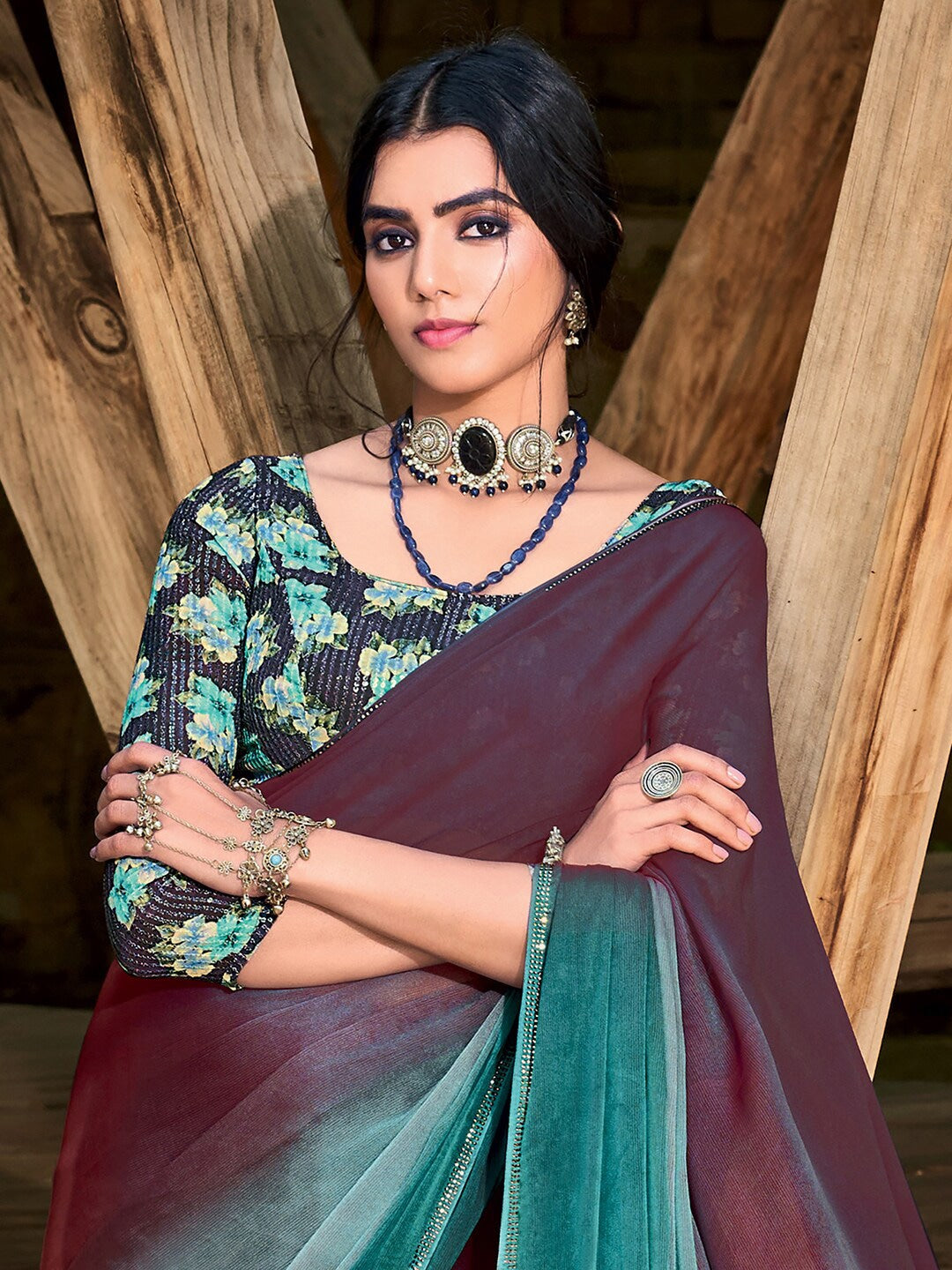 Buy MySilkLove Buccaneer Purple and Blue Chiffon Saree With Printed Blouse Online
