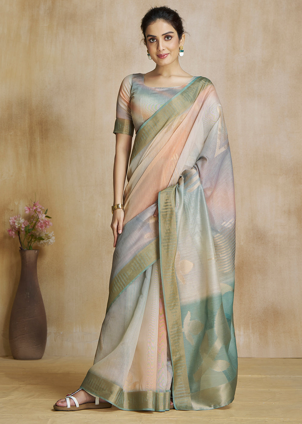 Buy MySilkLove Locust Green and Grey Tissue Woven Soft Silk Saree Online