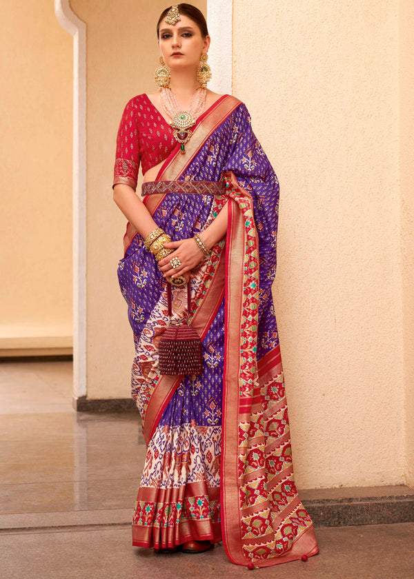 Deep Koamaru Purple and Red Printed Patola Soft Silk Saree
