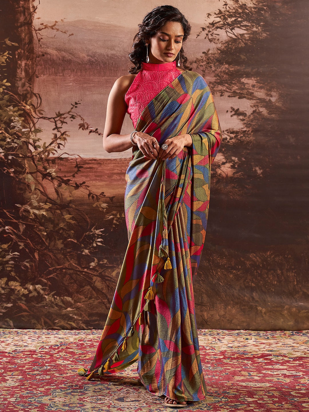 Buy MySilkLove Fuscous Green Printed Chiffon Saree With Embroidery Blouse Online