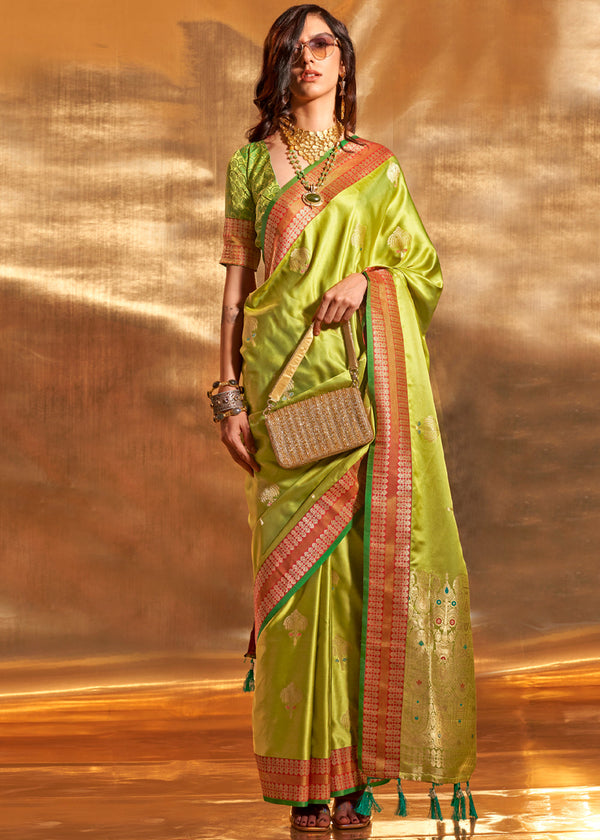 Earls Green Woven Banarasi Satin Silk Saree