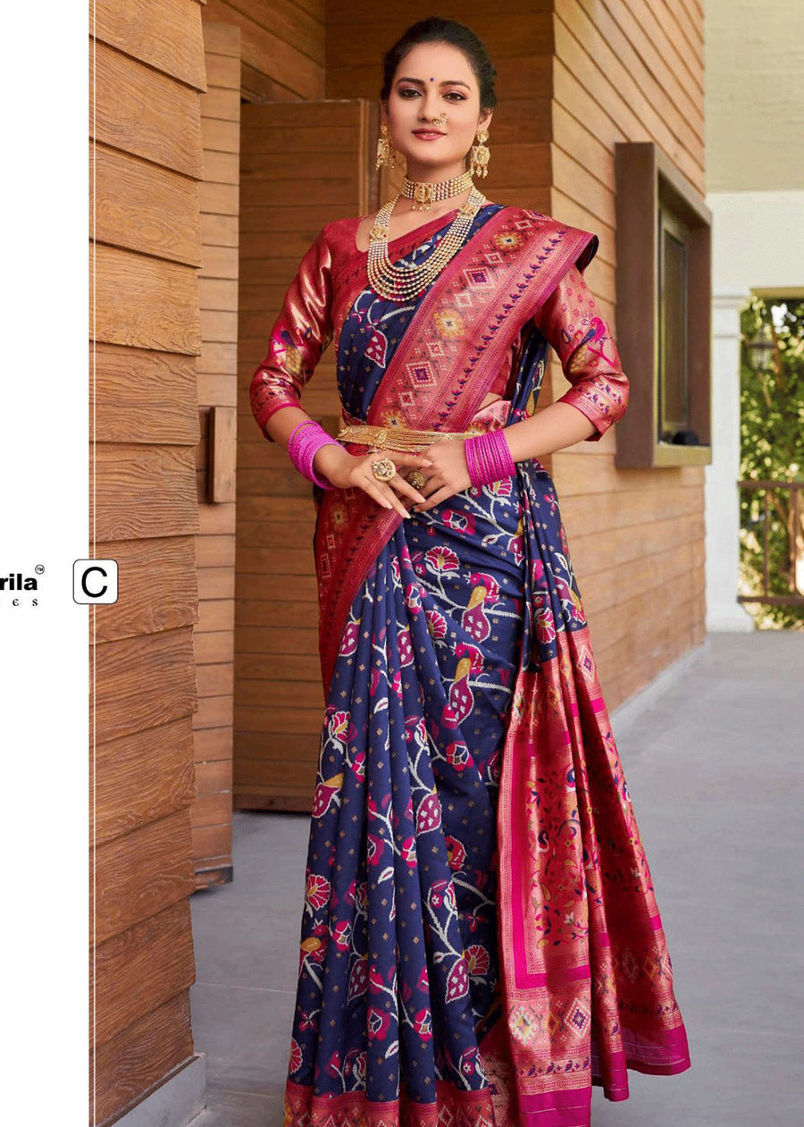 Buy MySilkLove Port Gore Blue and Pink Woven Kanchipuram Saree Online