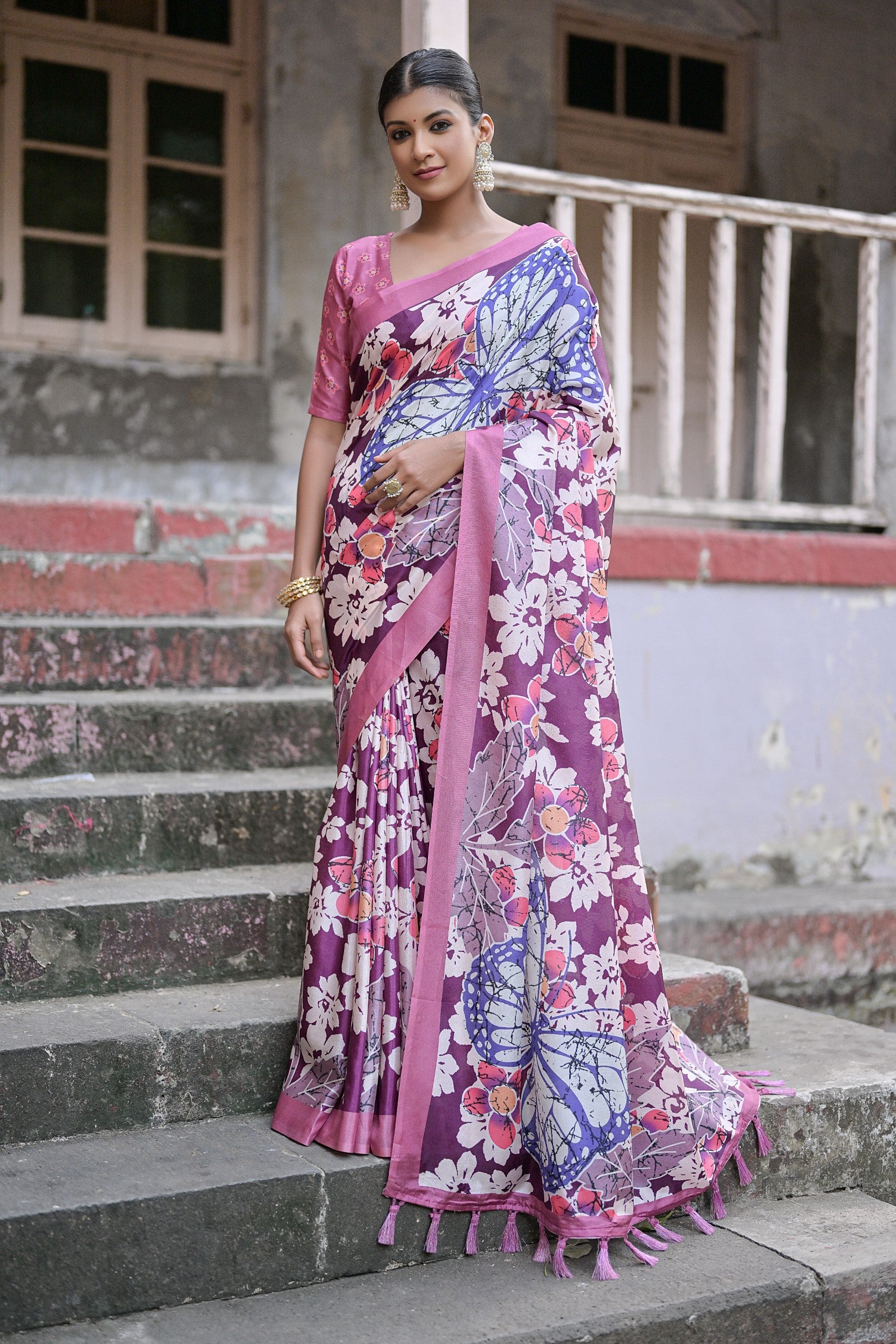 Buy MySilkLove Strikemaster Purple Floral Printed Cotton Silk Saree Online