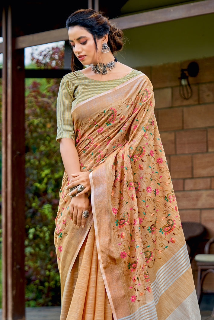 Buy MySilkLove Macaroni Cheese Orange Handcrafted Linen Saree Online