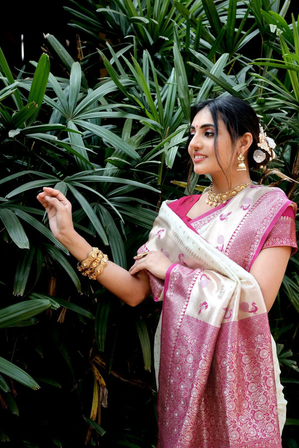 Pearl White and Purple Banarasi Paithani Silk Saree