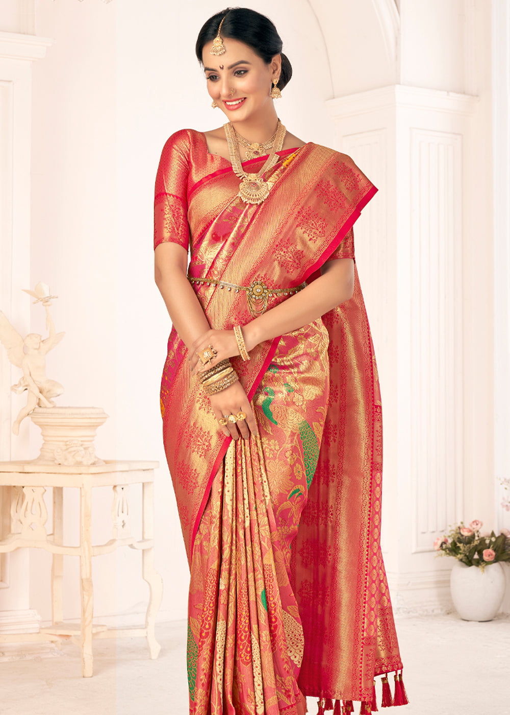 Buy MySilkLove Roman Pink Woven Paithani Fusion Kanjivaram Silk Saree Online