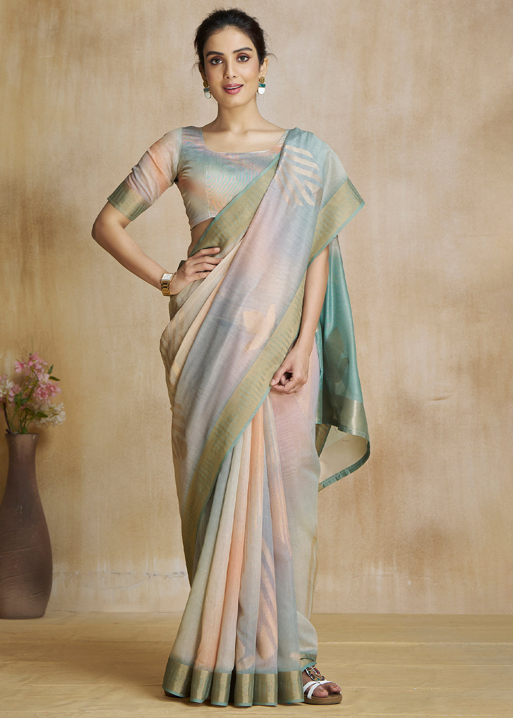 Buy MySilkLove Locust Green and Grey Tissue Woven Soft Silk Saree Online