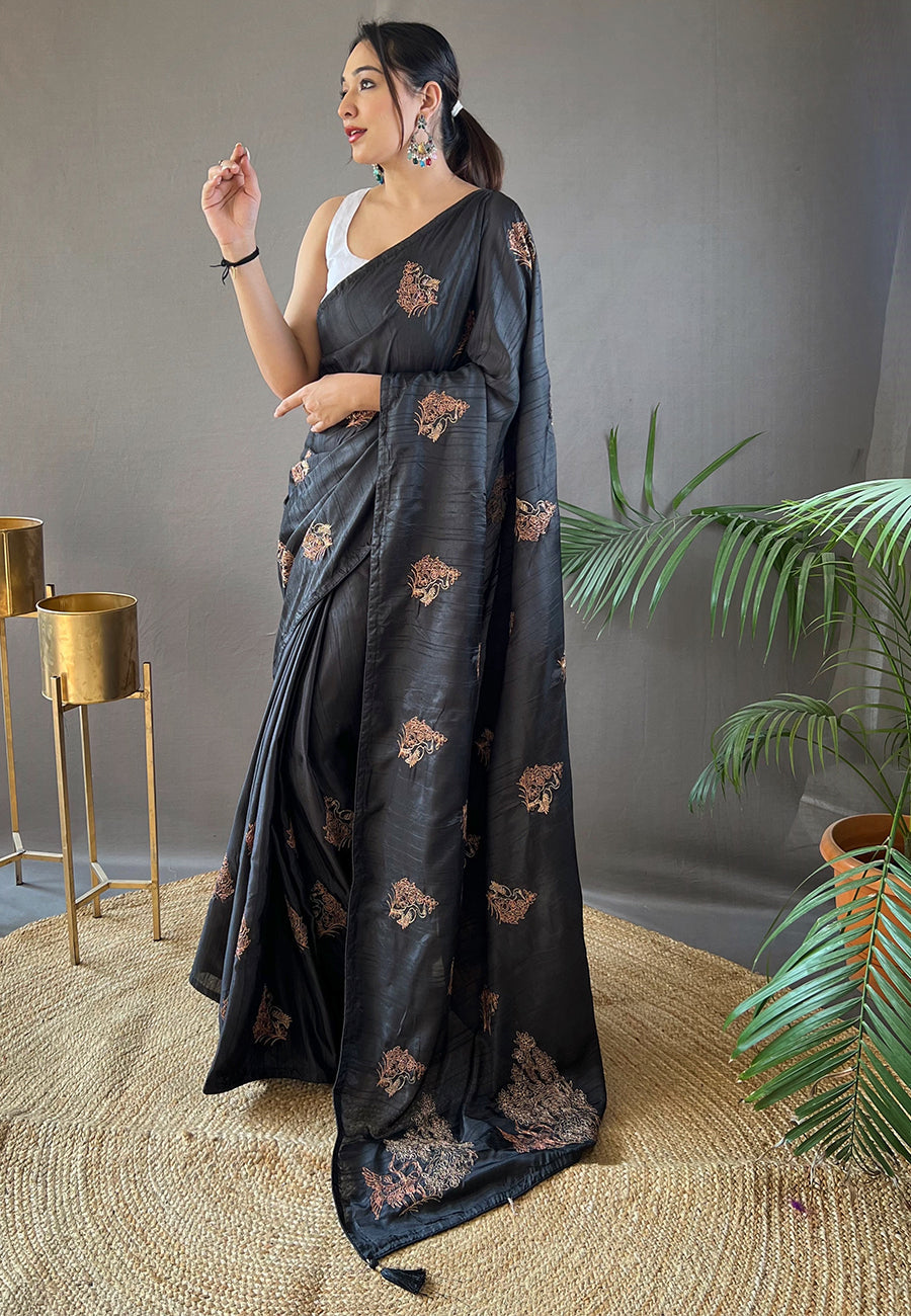 Buy MySilkLove Bunker Black Embroidered Tussar Silk Saree Online