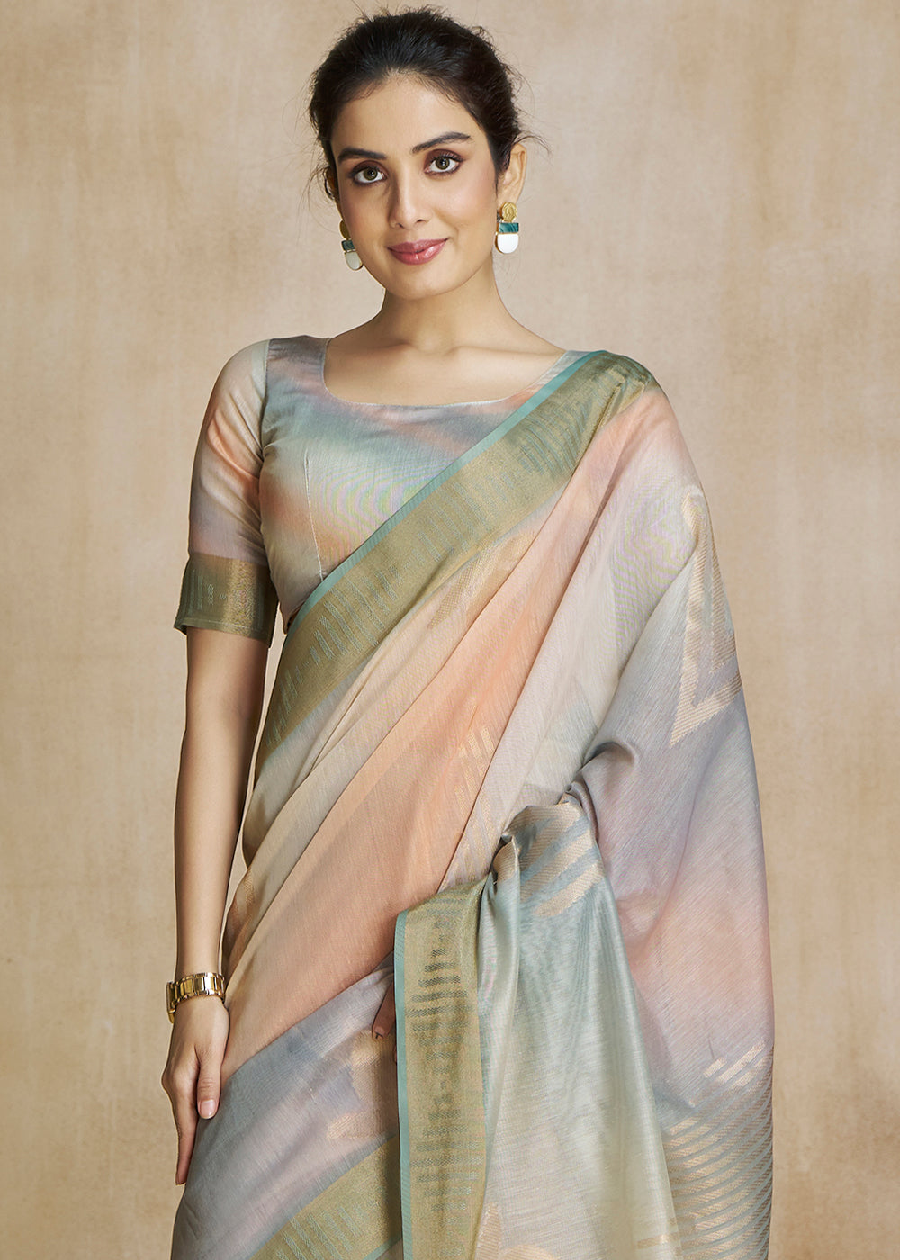 Buy MySilkLove Locust Green and Grey Tissue Woven Soft Silk Saree Online